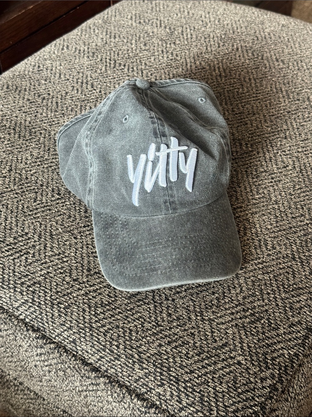 YITTY Gray Baseball Cap with White Script Logo with Open Back for Ponytail